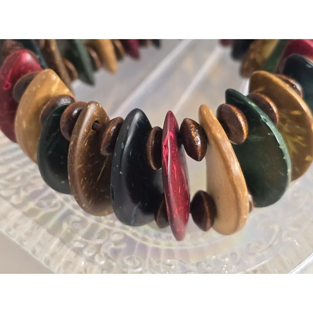 Vintage Stretch Bracelet Multicolor Shell Wood Beaded Boho Tropical Shell Tribal